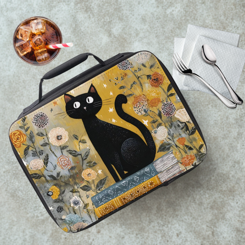 Lunch box with a black cat design on a gray table with a drink and utensils.