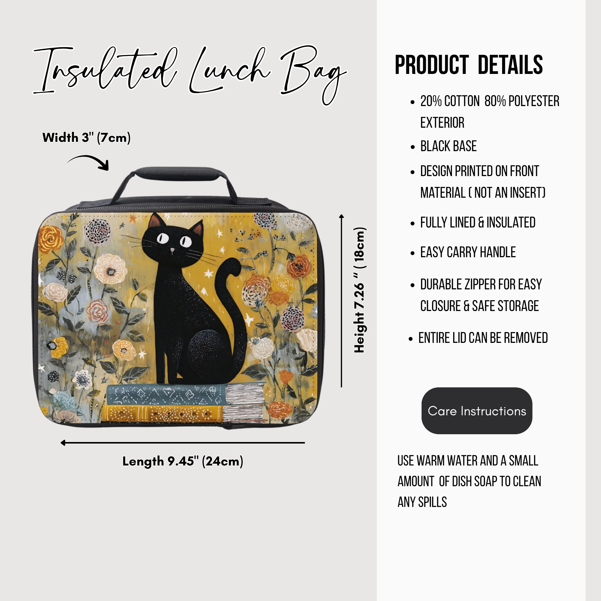 Insulated lunch bag with a black cat design, featuring product details on a white background.