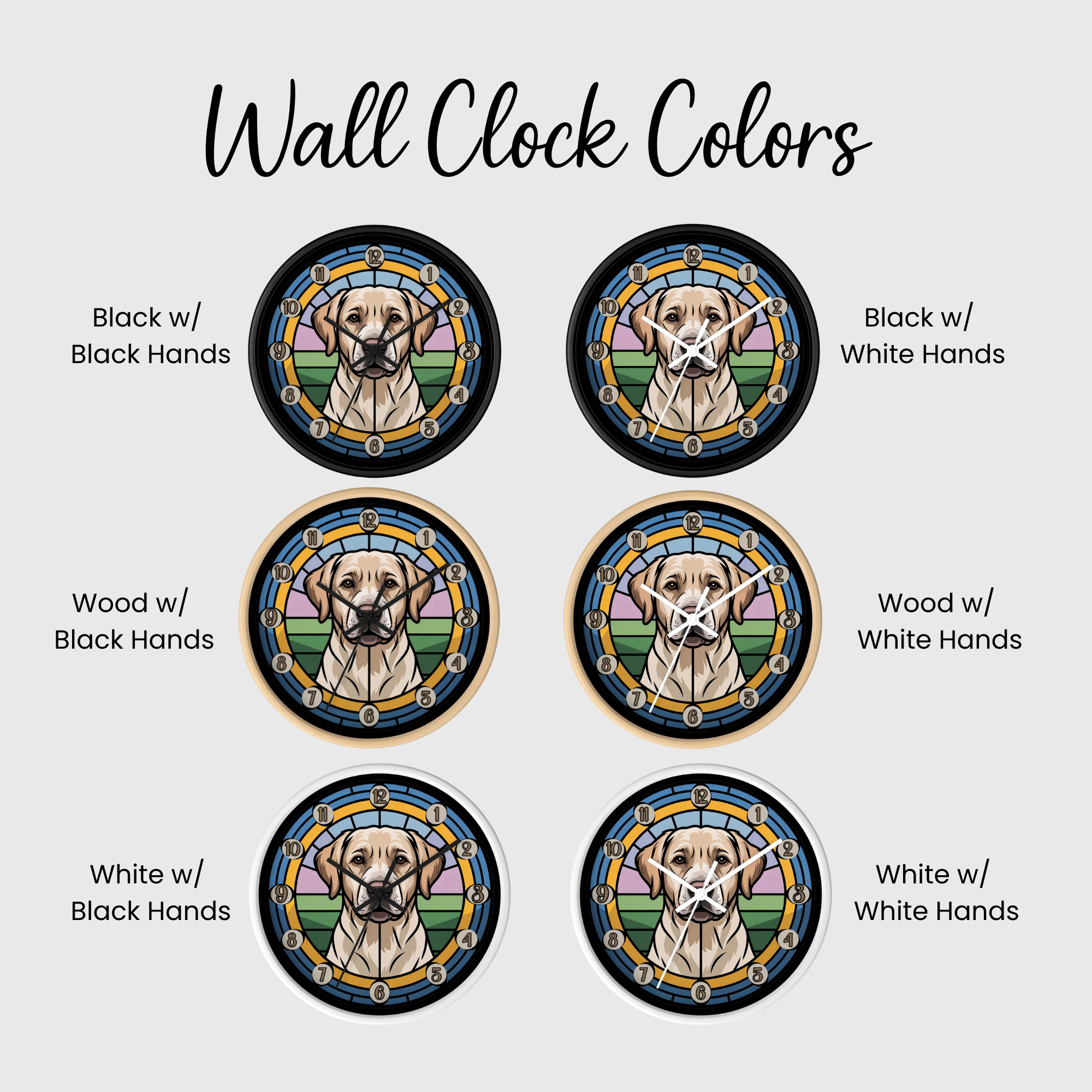 Set of wall clocks with different color options on a white background