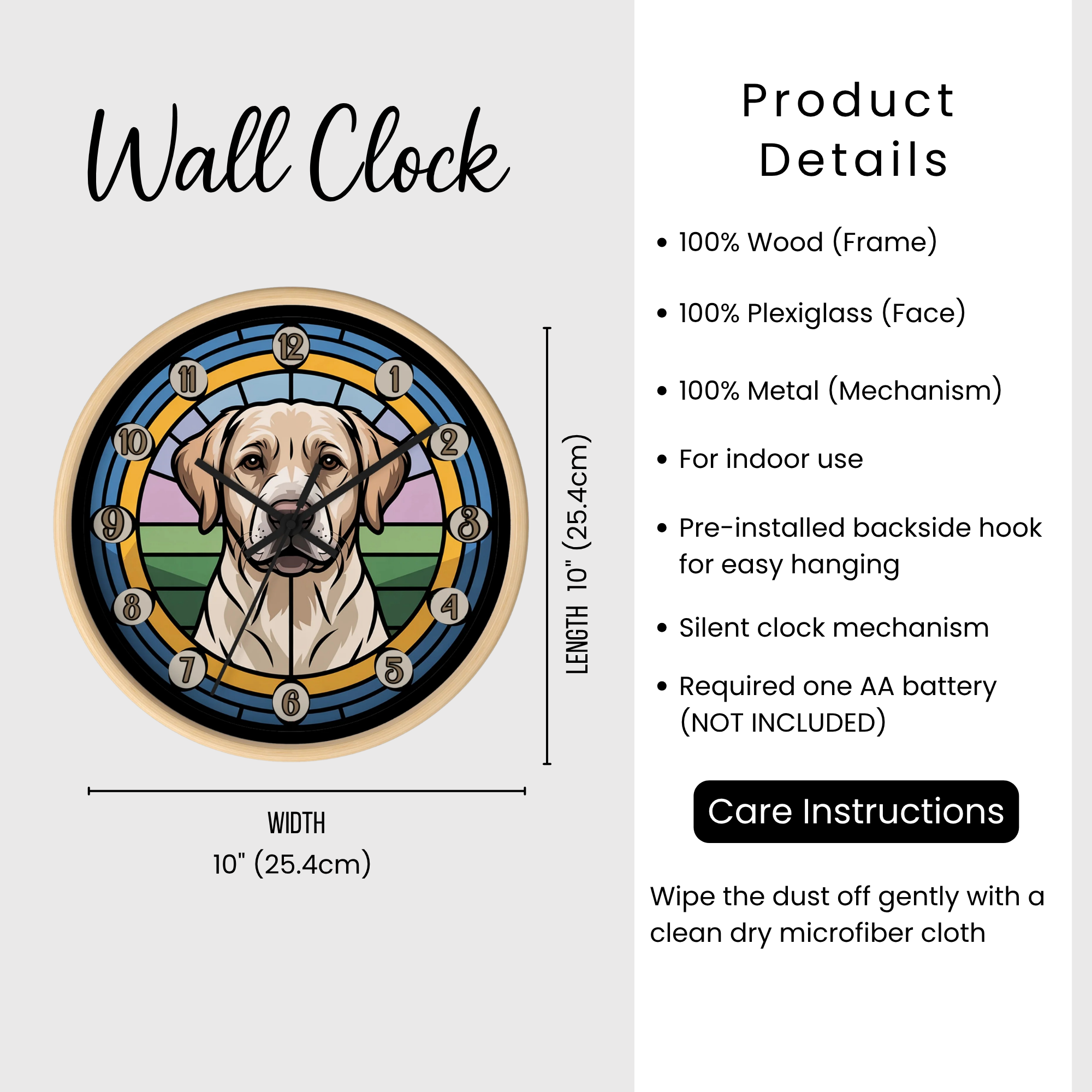 Wall clock with dog illustration and product details on a white background