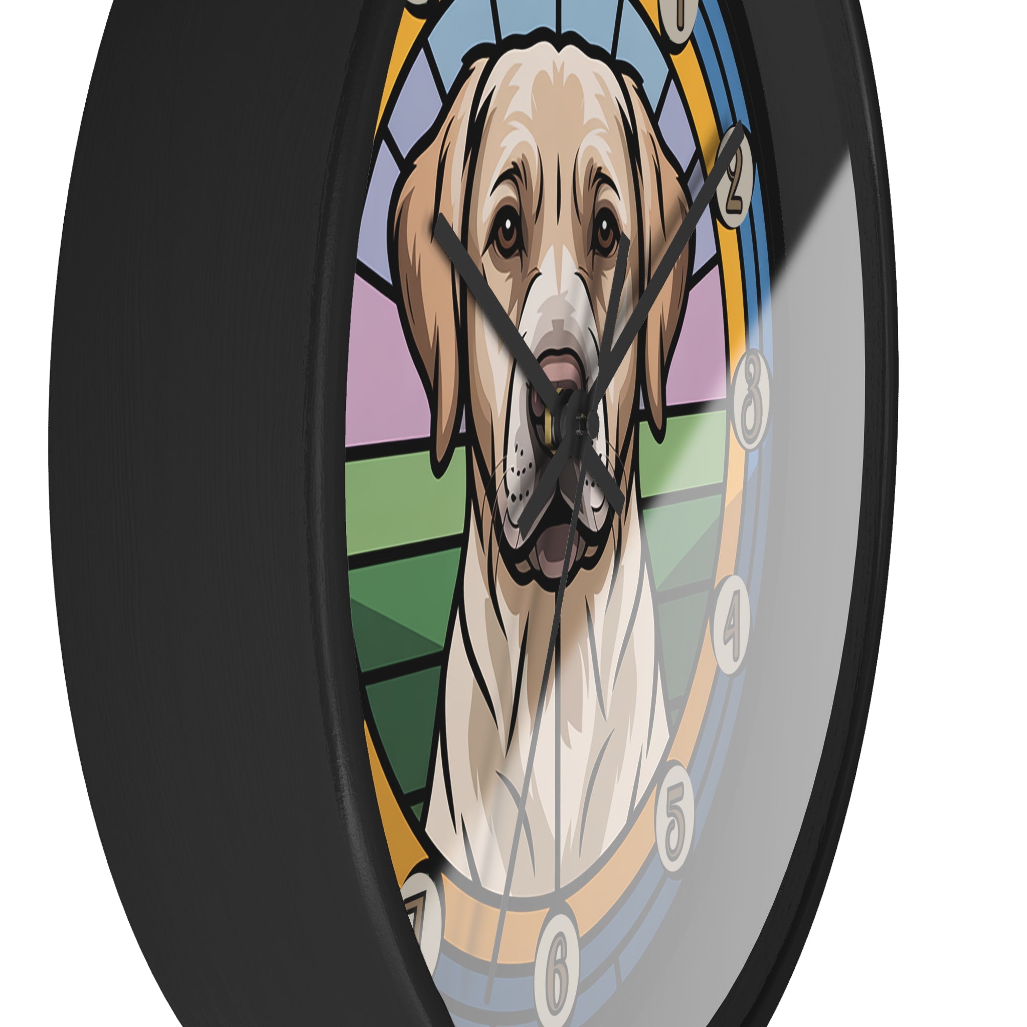 Wall clock with a stylized Labrador dog illustration in a colorful, stained-glass-like design.