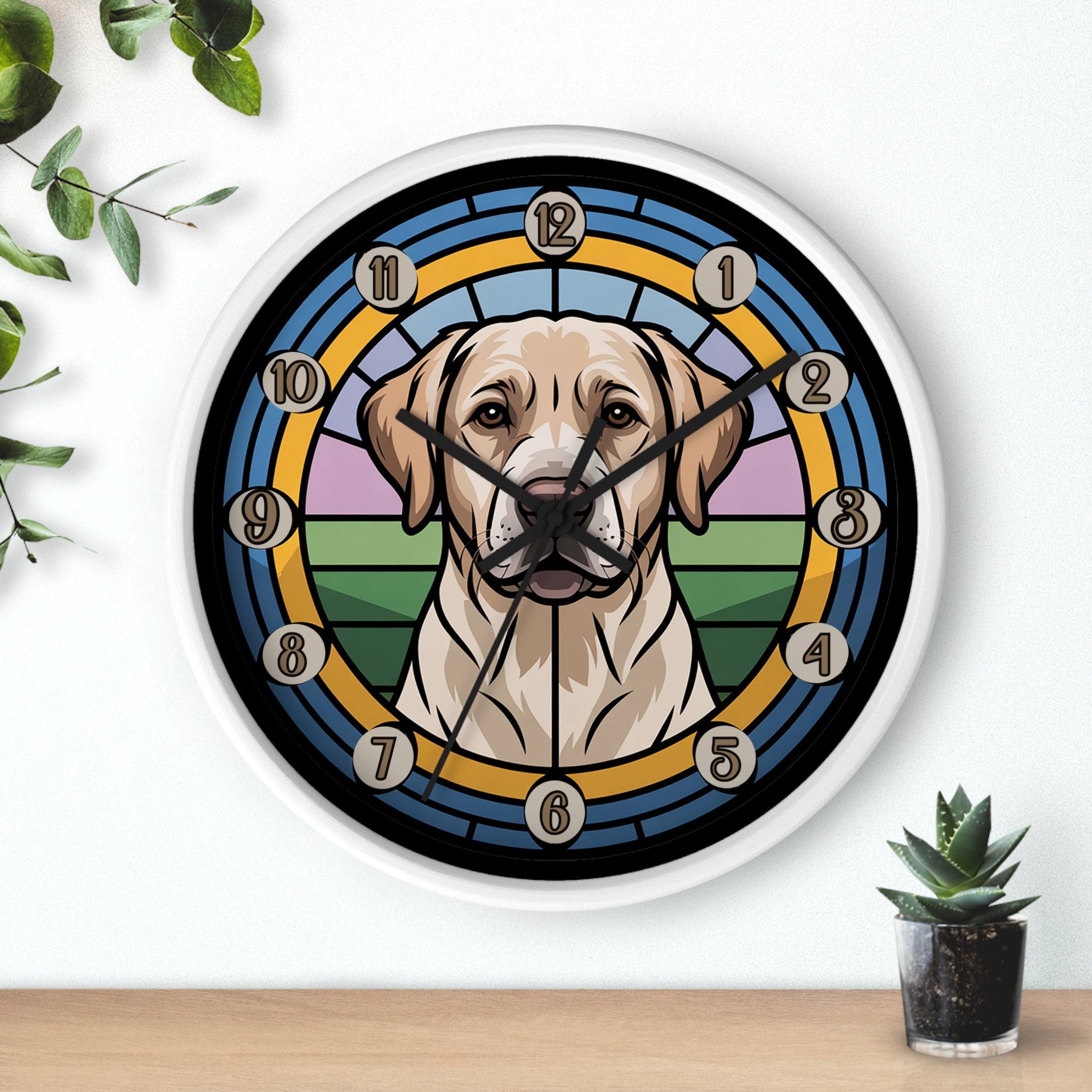 Round white wall clock with black hands and a golden Labrador dog illustration on a white background