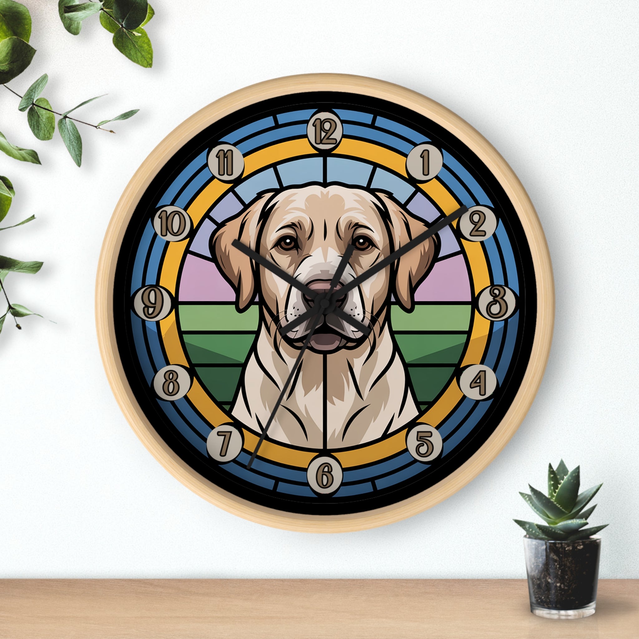 Round wood wall clock with black hands and  a golden Labrador  dog illustration on a white background