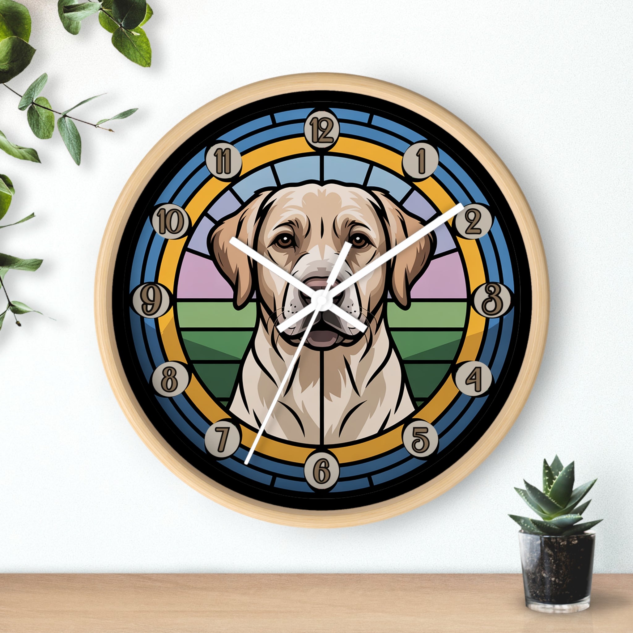 Wood wall clock with a Labrador Retriever dog design on a white background