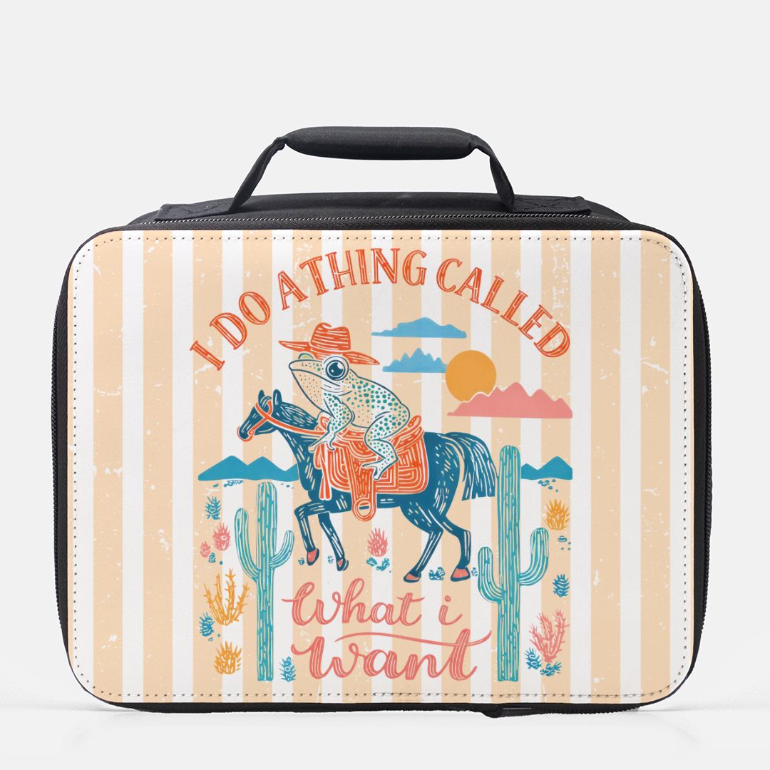 Lunch bag with a frog riding a horse yellow striped design and text on a white background