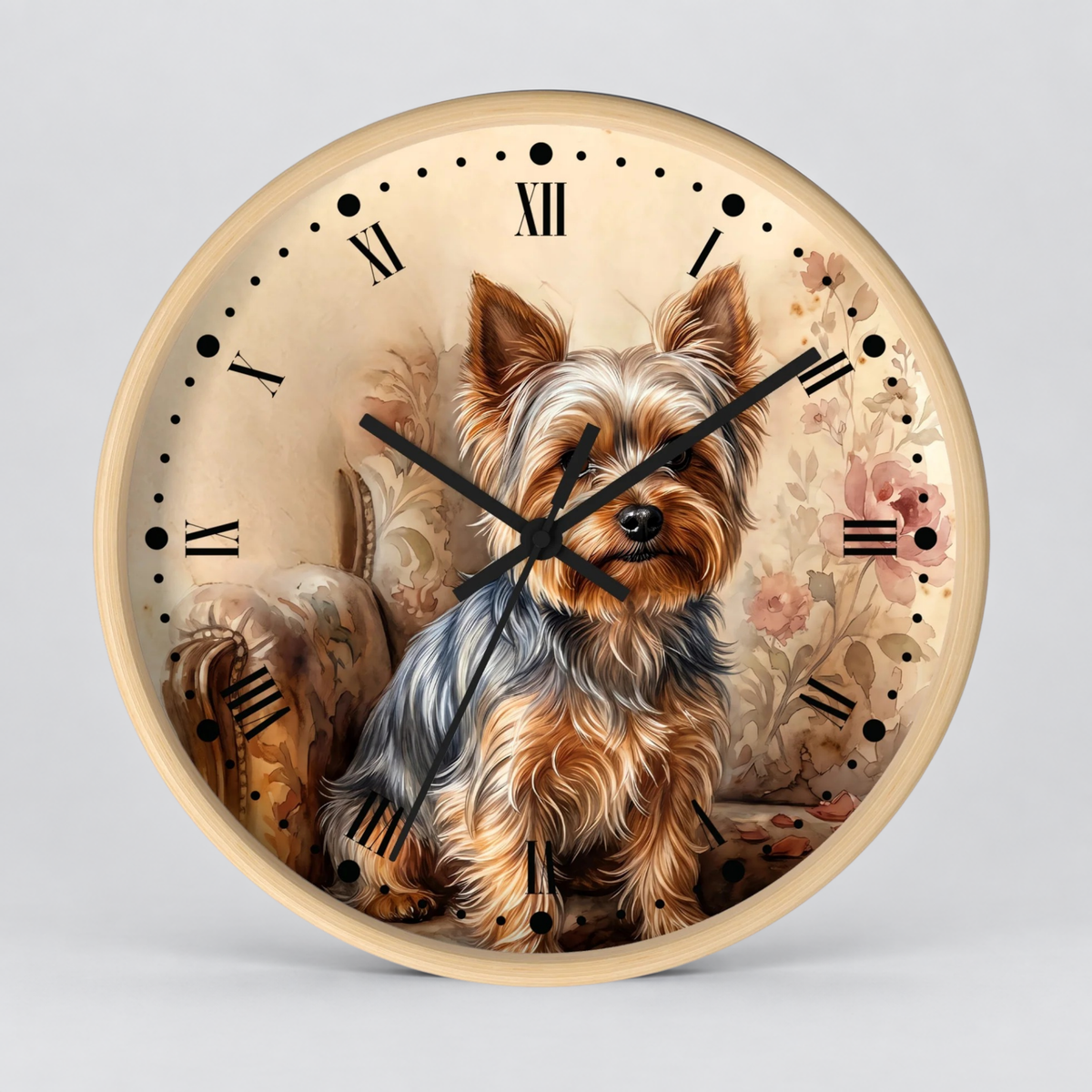 Round wall clock with a printed illustration of a Yorkshire Terrier dog, featuring a light wood-toned frame, black Roman numerals, and black clock hands against a soft beige floral background.