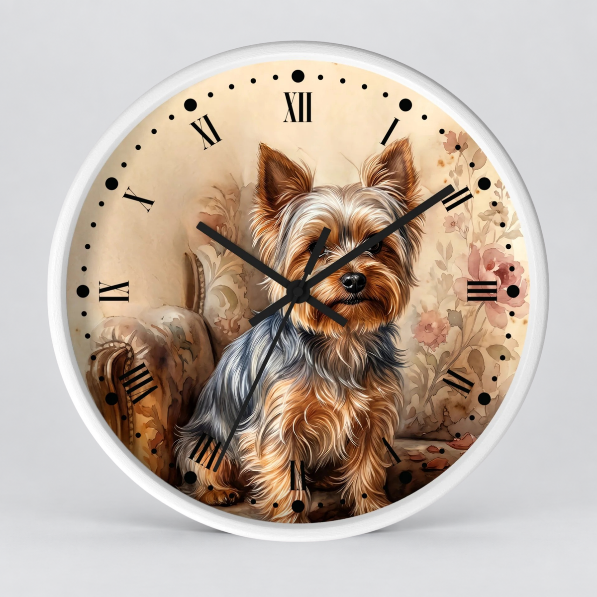 Round wall clock with a white frame and a printed face featuring a Yorkshire Terrier dog illustration, Roman numerals, and black clock hands on a light gray background.
