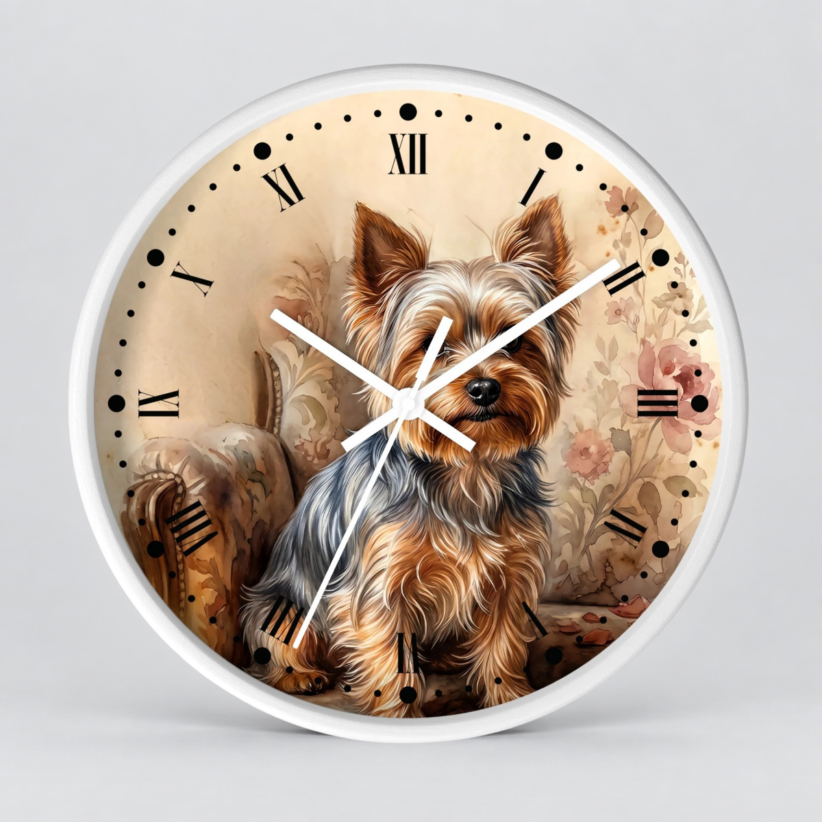 Round wall clock with a white frame and a printed illustration of a Yorkshire Terrier on the face, with black Roman numerals and white clock hands on a light gray background.