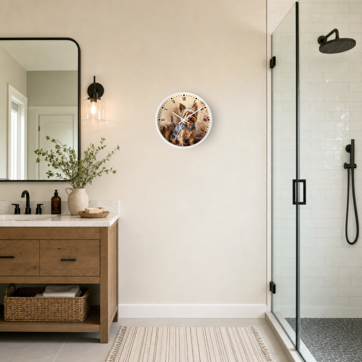 A round wall clock with a rustic, distressed brown wood-grain face featuring a central illustration of a Yorkshire terrier dog, hanging on a beige wall in a modern bathroom next to a wooden vanity and glass shower enclosure.
