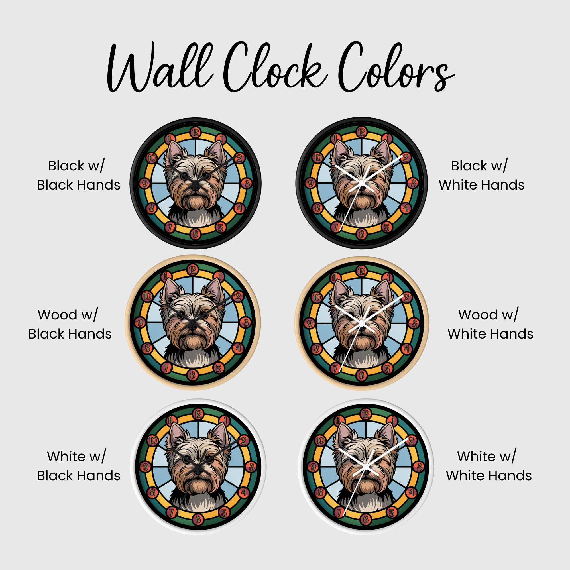 Set of wall clocks with different color options on a light gray background