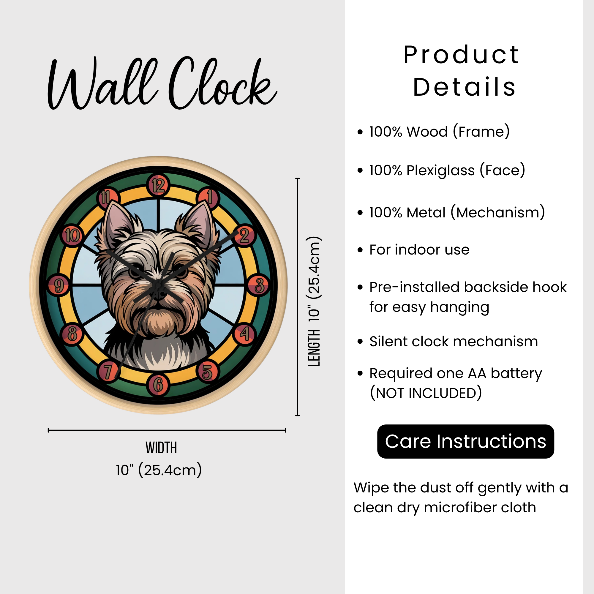 Wall clock with Yorkie dog illustration and product details on a white background