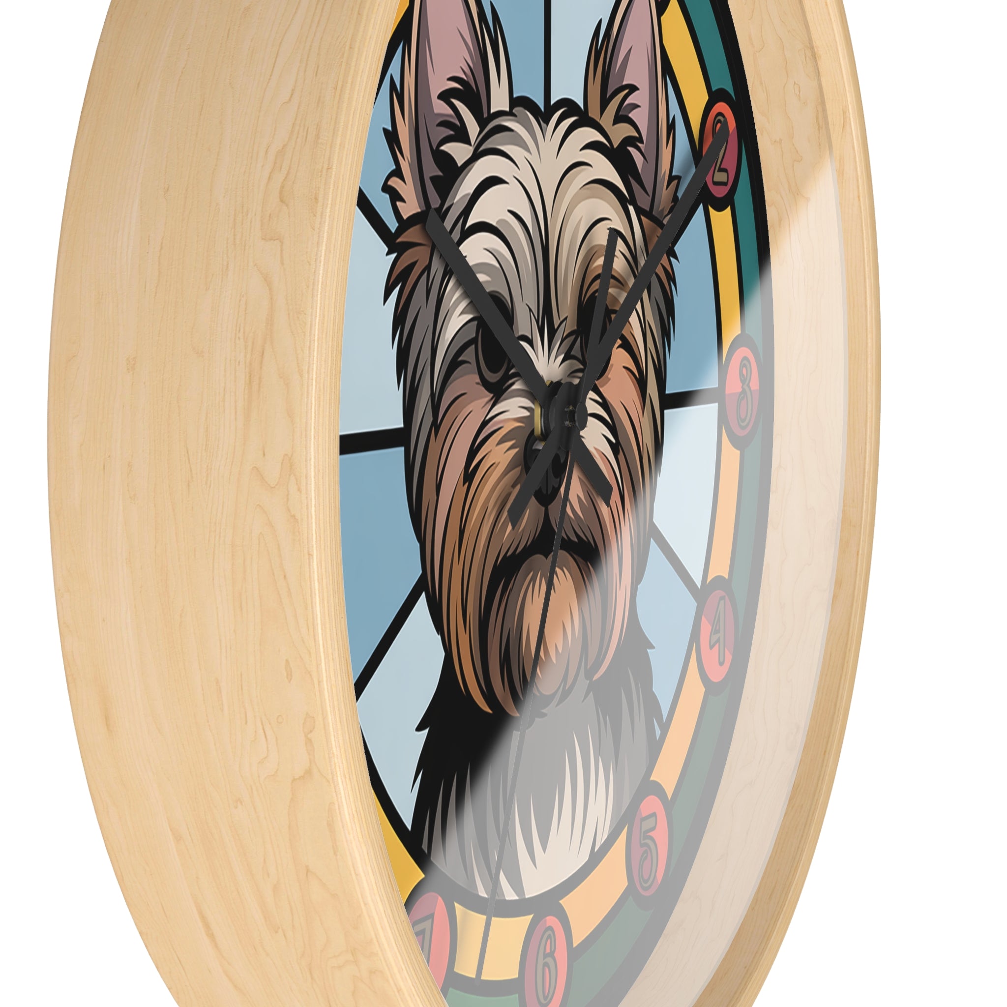 Side of wood wall clock with a Yorkie dog design in a stained glass style on a wooden frame.