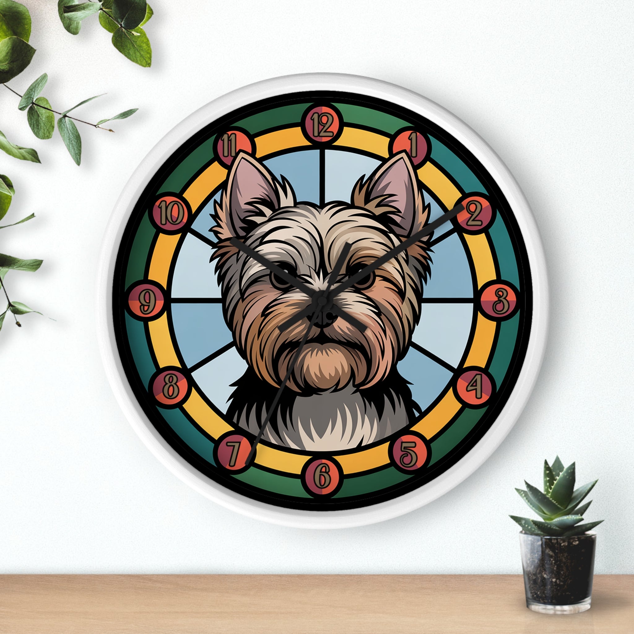 Round white wall clock with a yorkie dog illustration on a white background