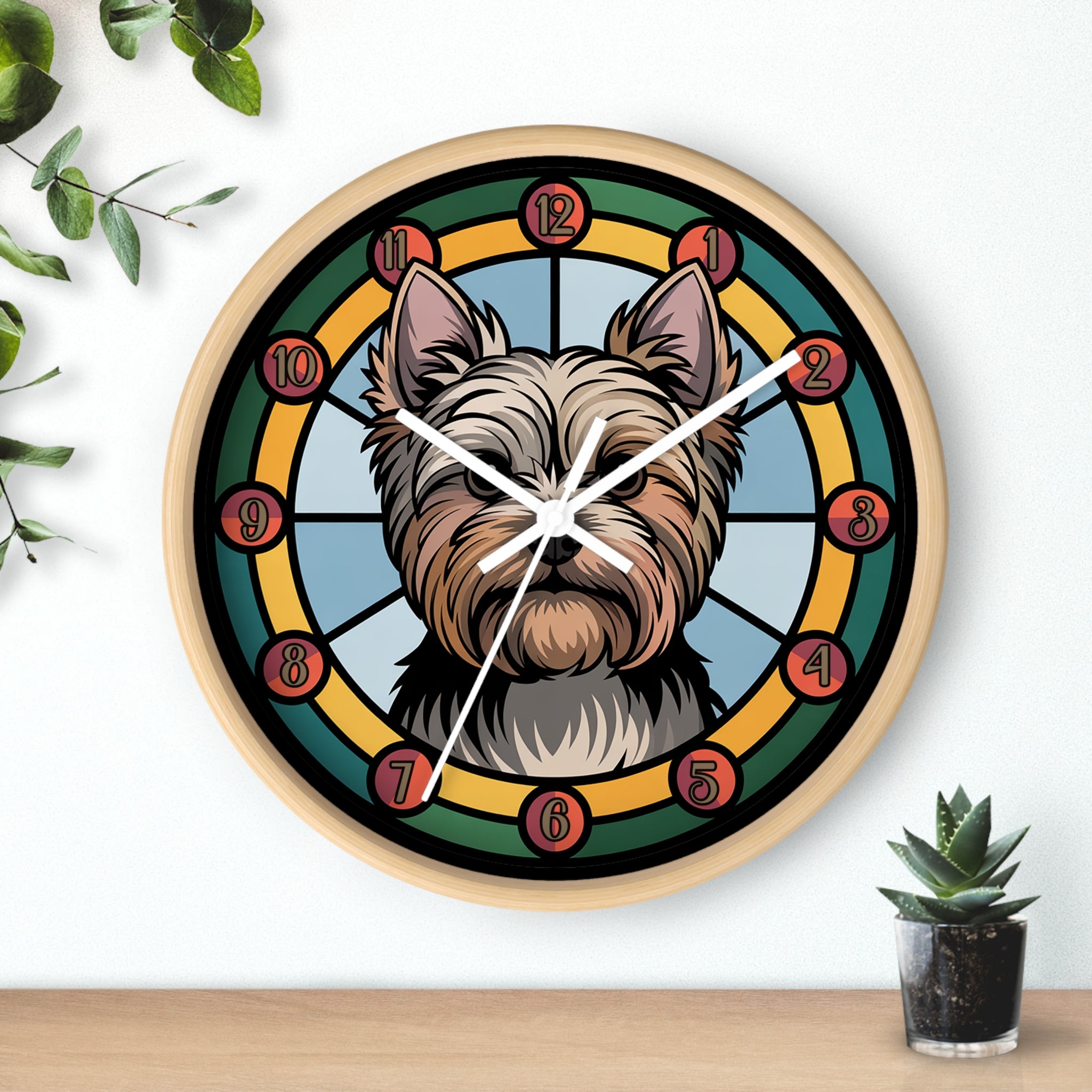 Round wood wall clock with a dog's face design on a white background