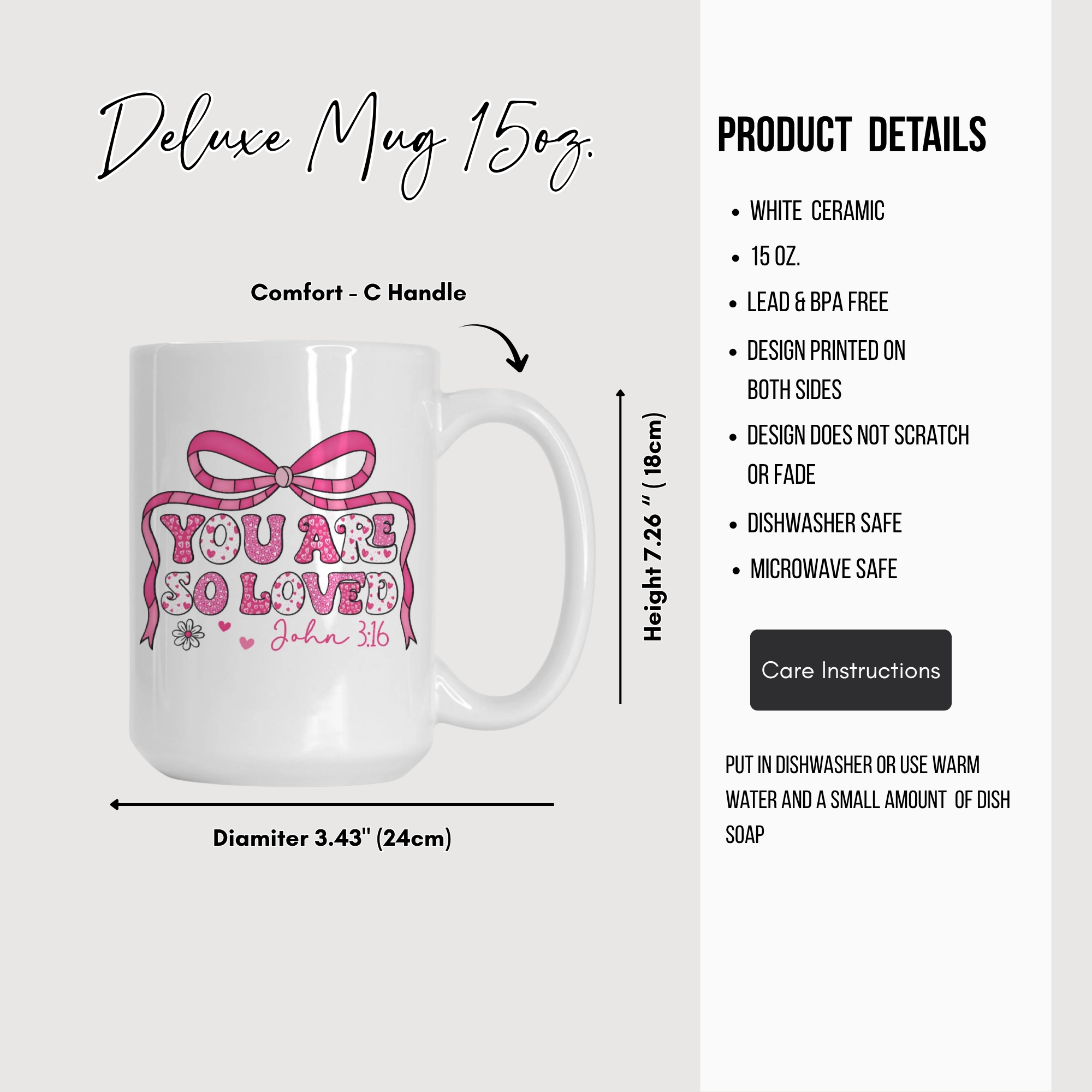 White mug with pink design and text, featuring product details on a white background.