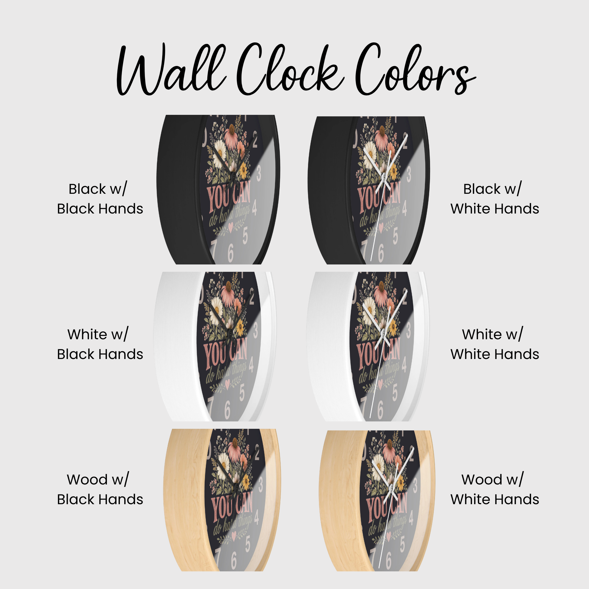 Comparison of wall clock colors with different hands and materials on a white background.