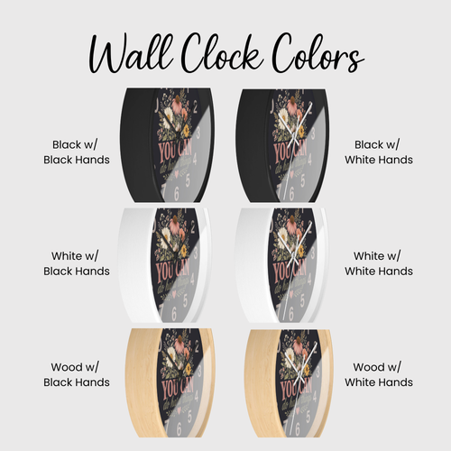 Comparison of wall clock colors with different hands and materials on a white background.
