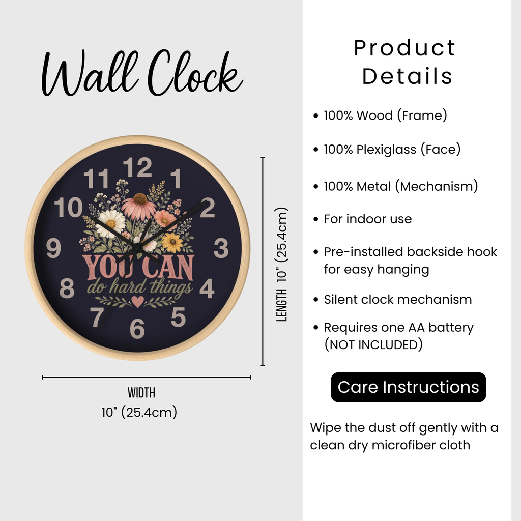 Wall clock with floral design and motivational quote, featuring product details on a white background.