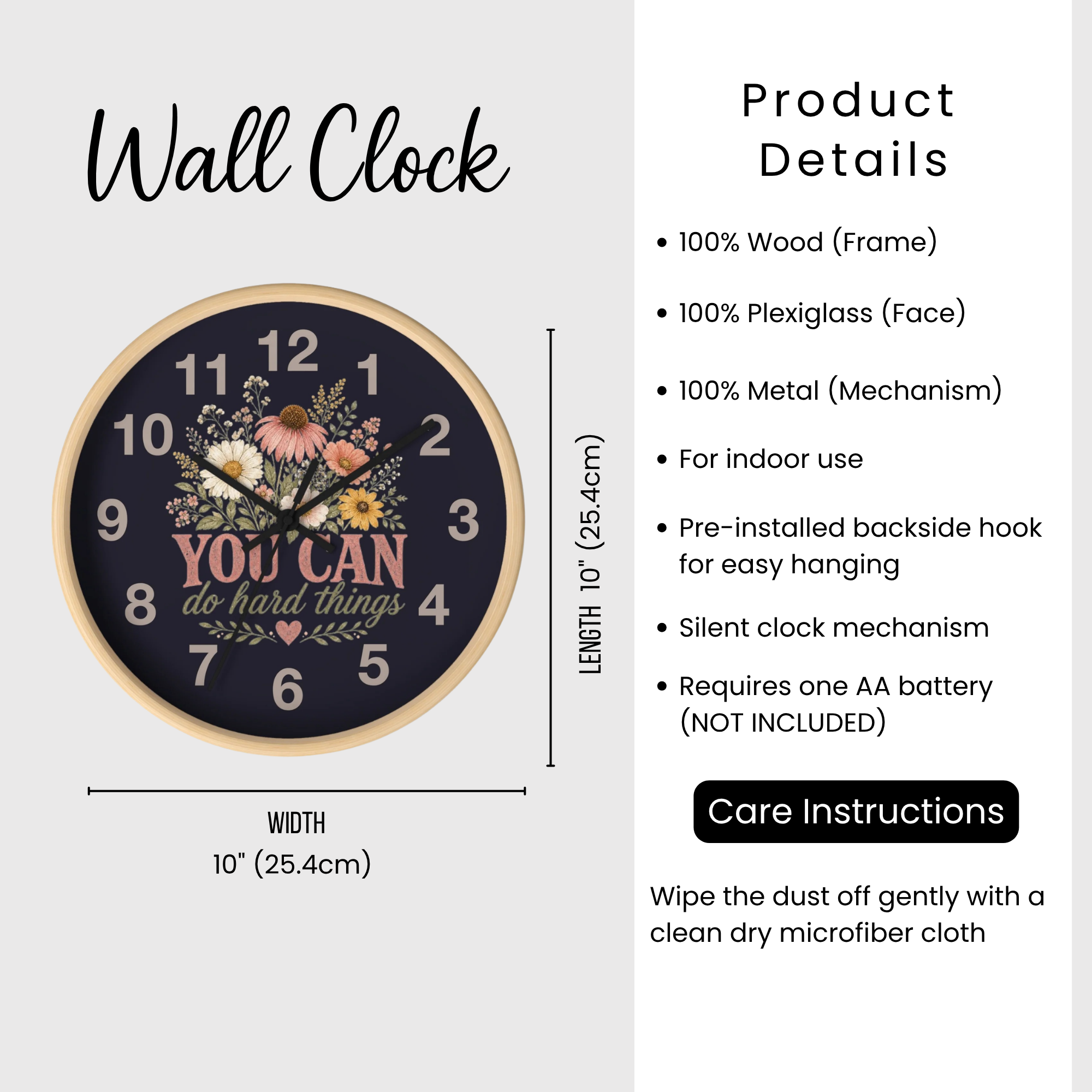 Wall clock with floral design and motivational quote, featuring product details on a white background.