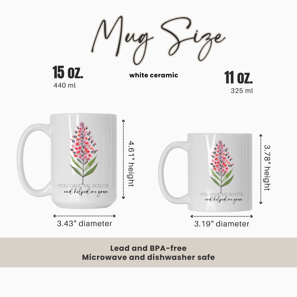 15oz & 11oz white ceramic mugs with floral designs and measurements on a white background
