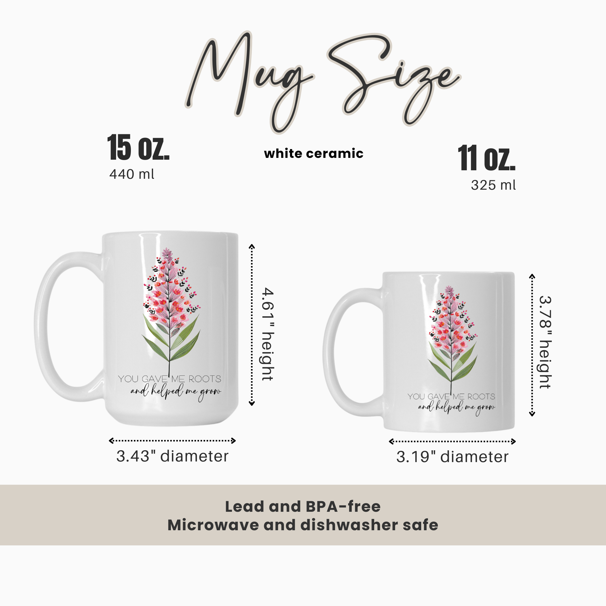 15oz & 11oz white ceramic mugs with floral designs and measurements on a white background