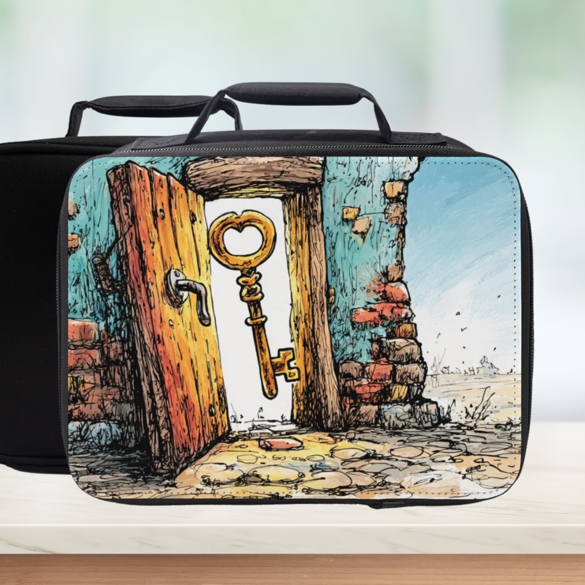 Lunch bag with a decorative design of a door and key on a wooden surface.