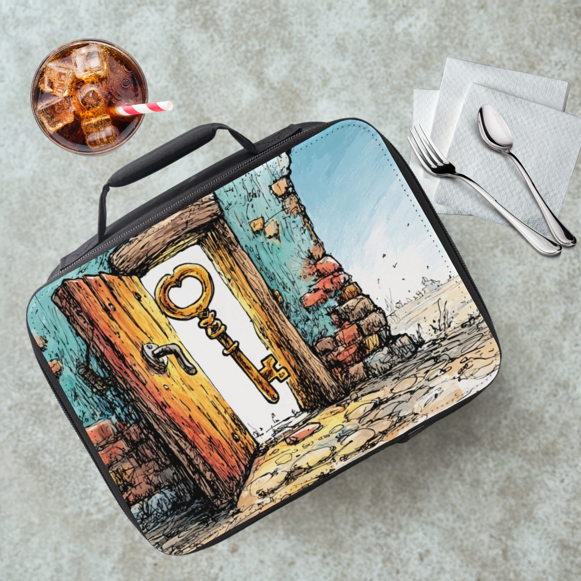 Lunch bag with a door and key illustration on a cafeteria table with a drink and utensils.