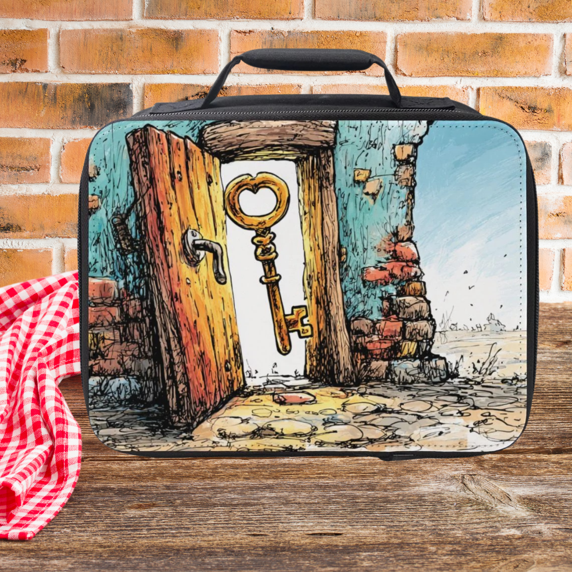 insulated lunch bag with a keyhole design on a wooden picnic table and brick wall background