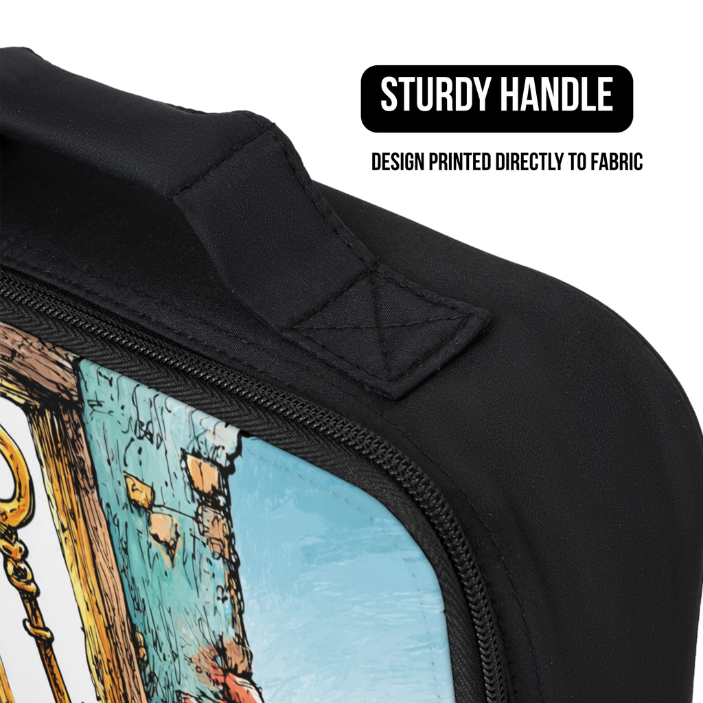 Black bag with a design printed directly to fabric and a sturdy handle.