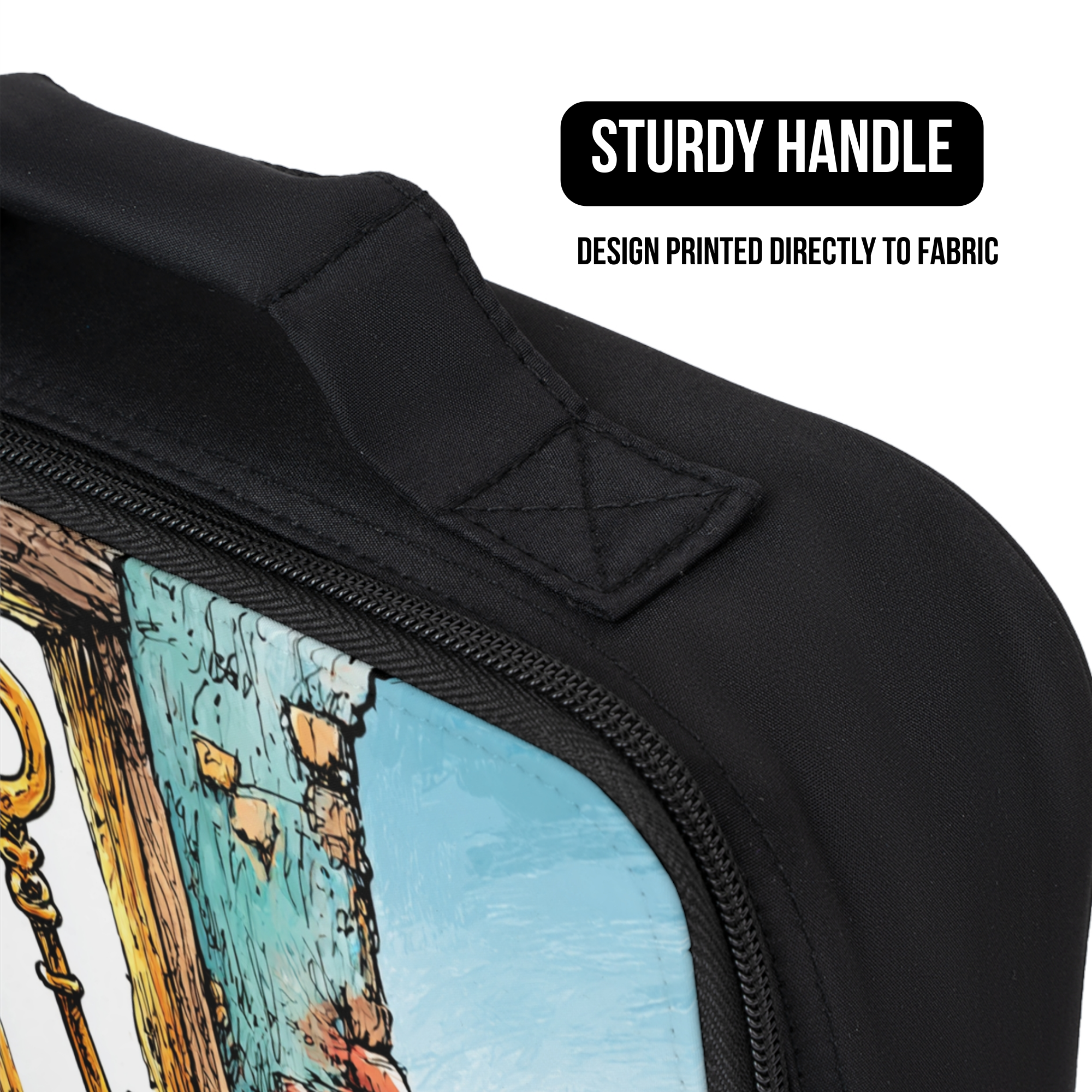 Black bag with a design printed directly to fabric and a sturdy handle.