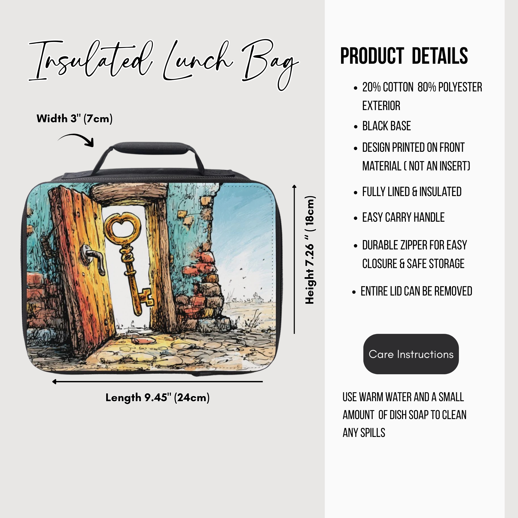 Insulated lunch bag with key in a doorway design and product details on a white background