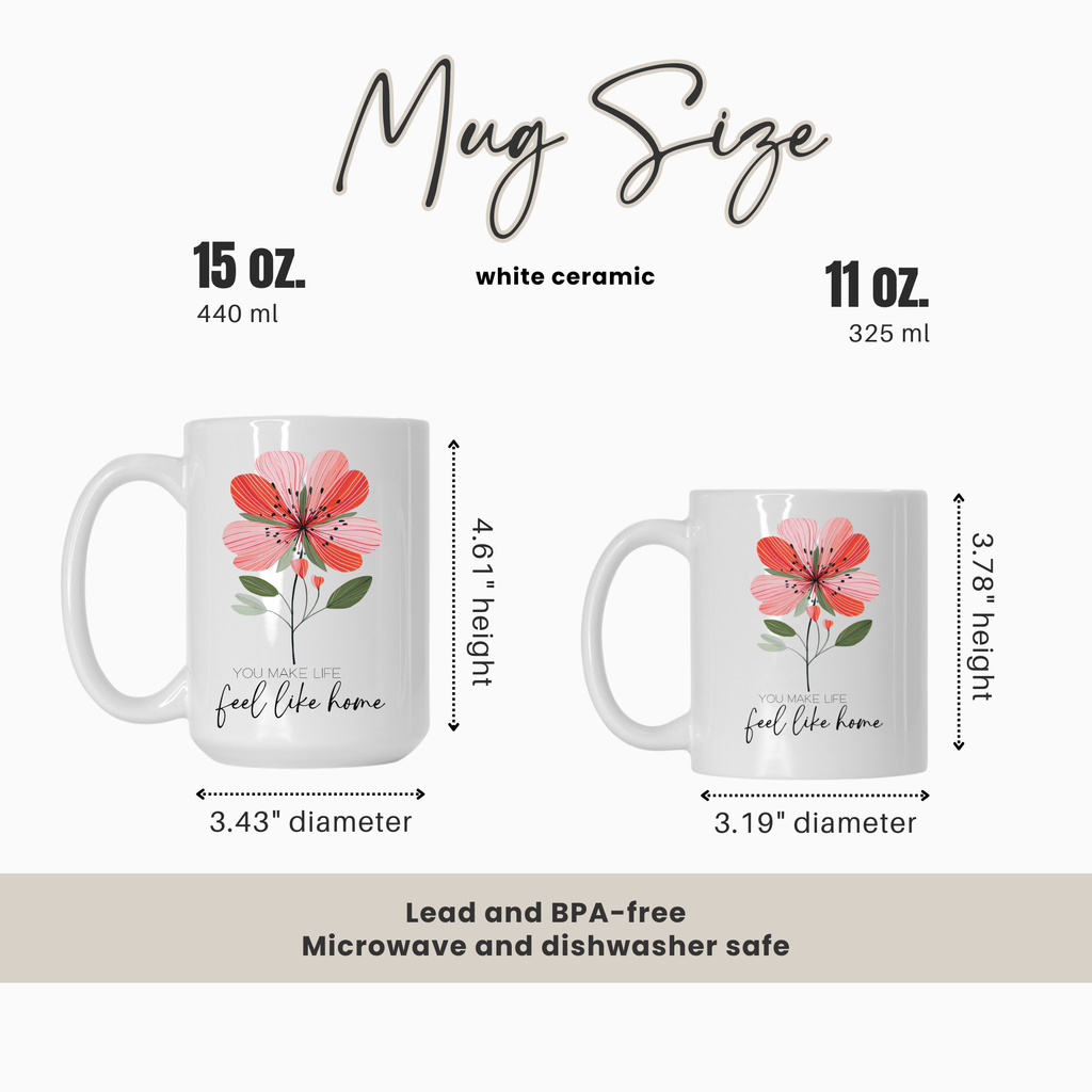 15oz. & 11oz. mugs with floral design and text, showing size comparison and measurements.