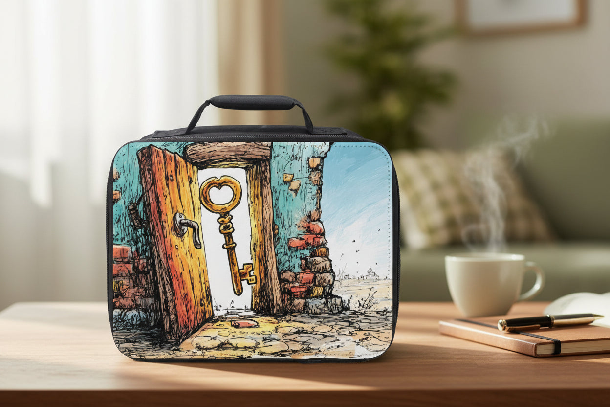  insulated lunch bag with a door and key design on a white background