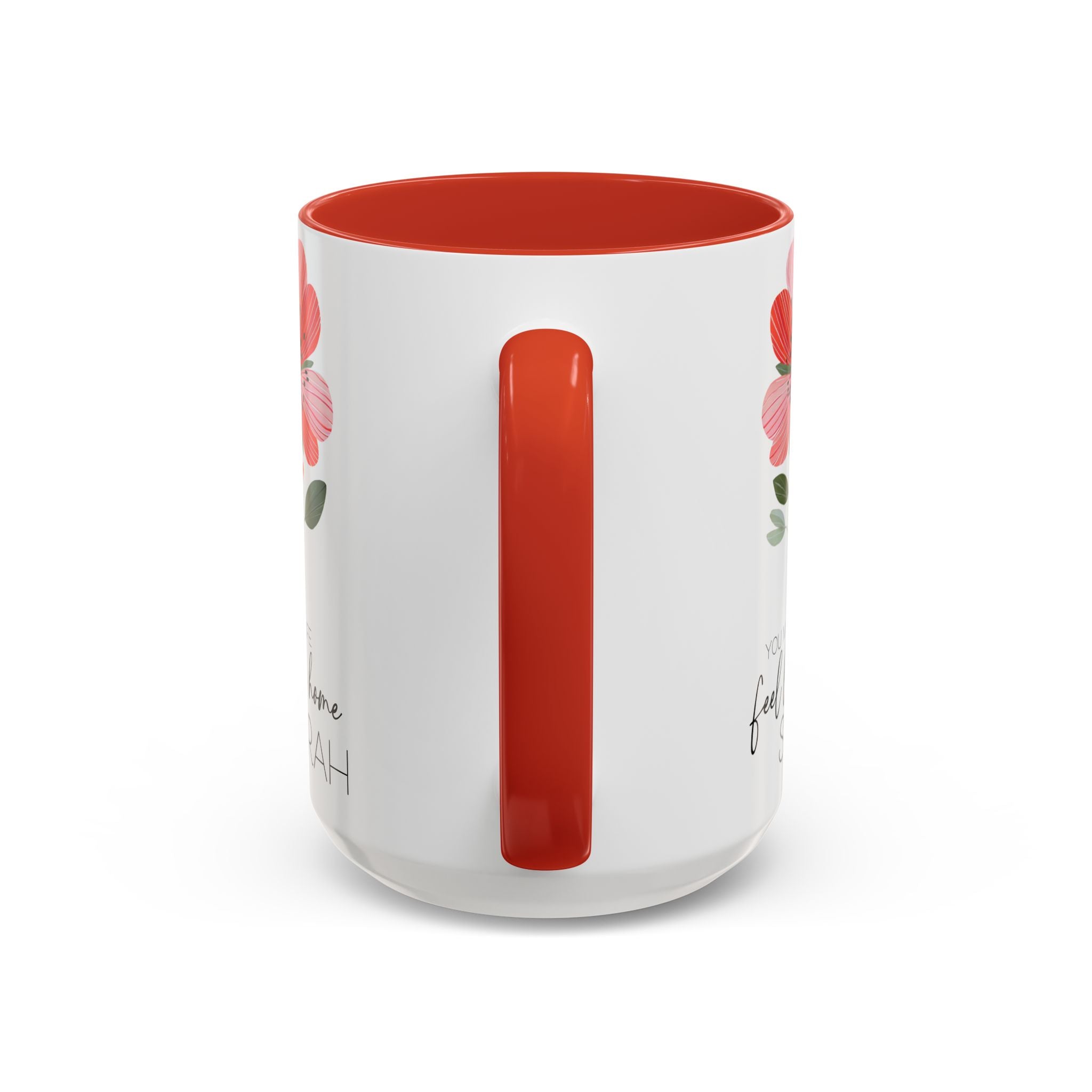White mug with red interior and handle, featuring a design of apples on a white background.