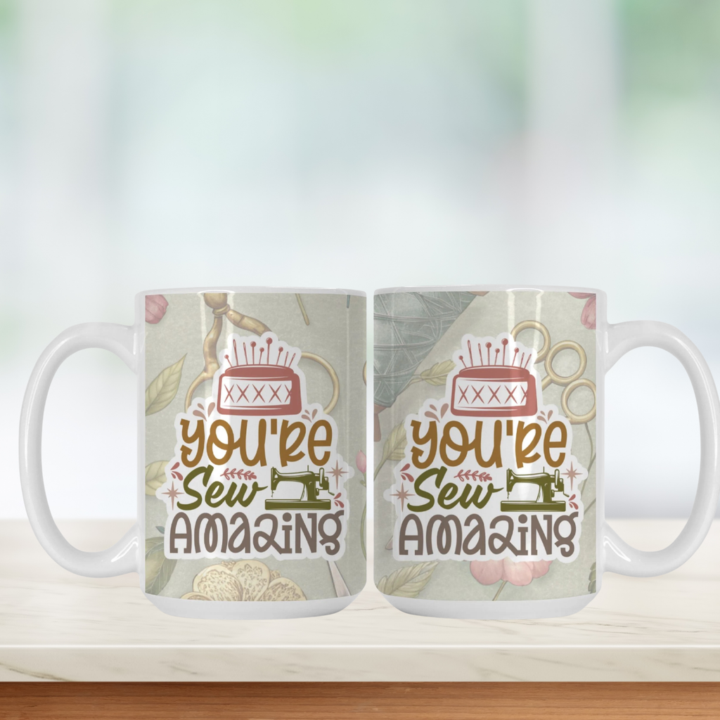 Two mugs with 'You're Sew Amazing' design on a white background