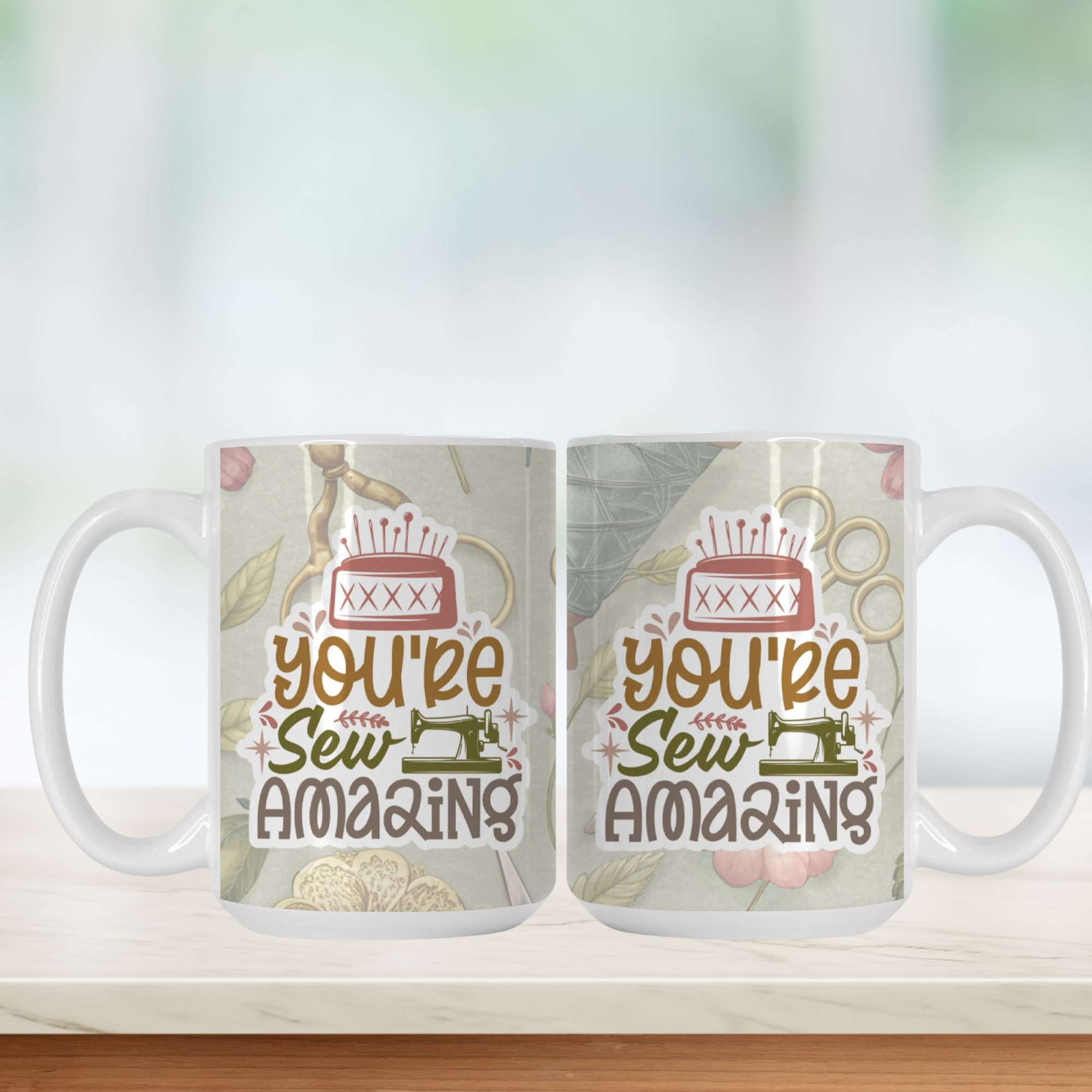 Two mugs with 'You're Sew Amazing' design on a white background