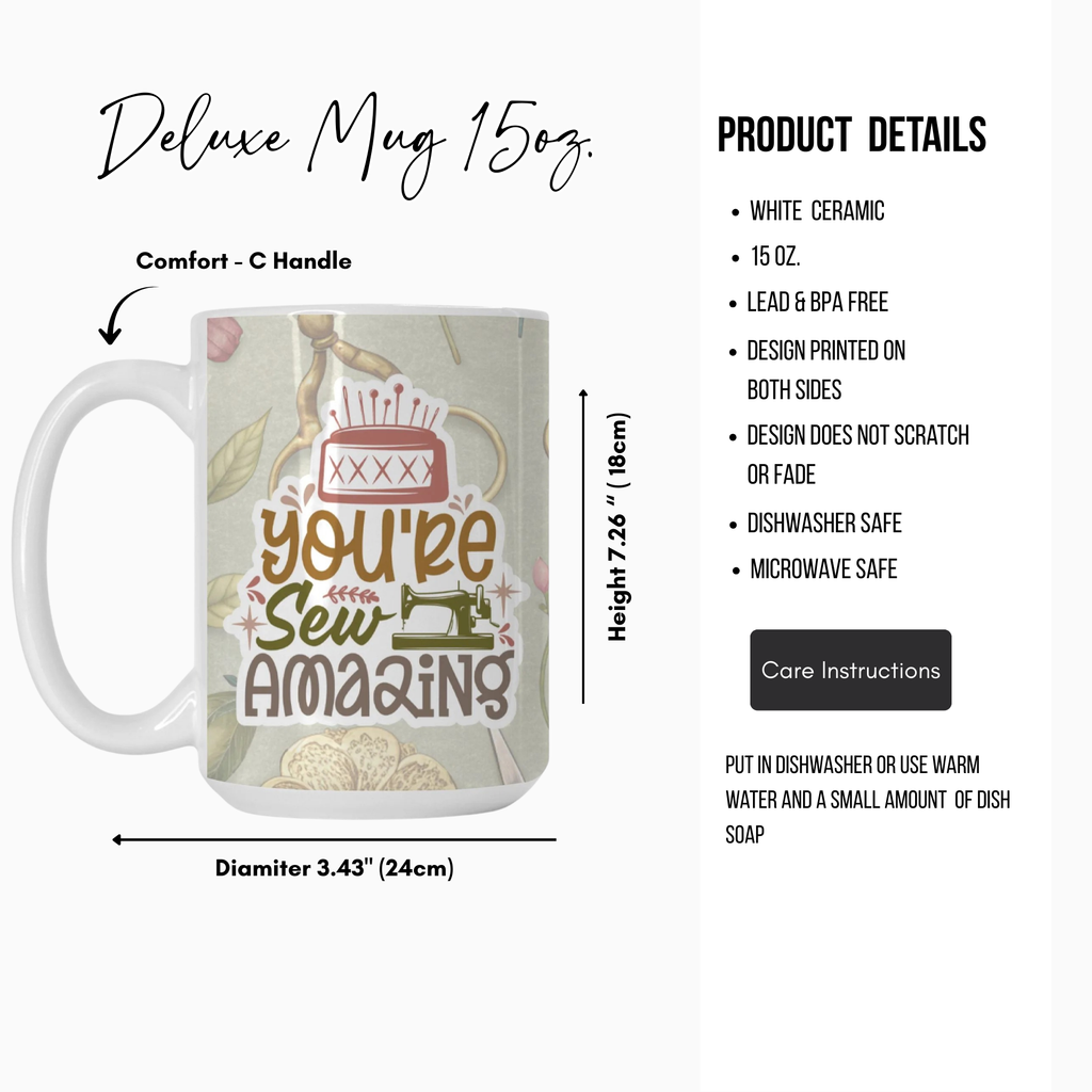 Mug with 'You're Sew Amazing' design and product details on a white background