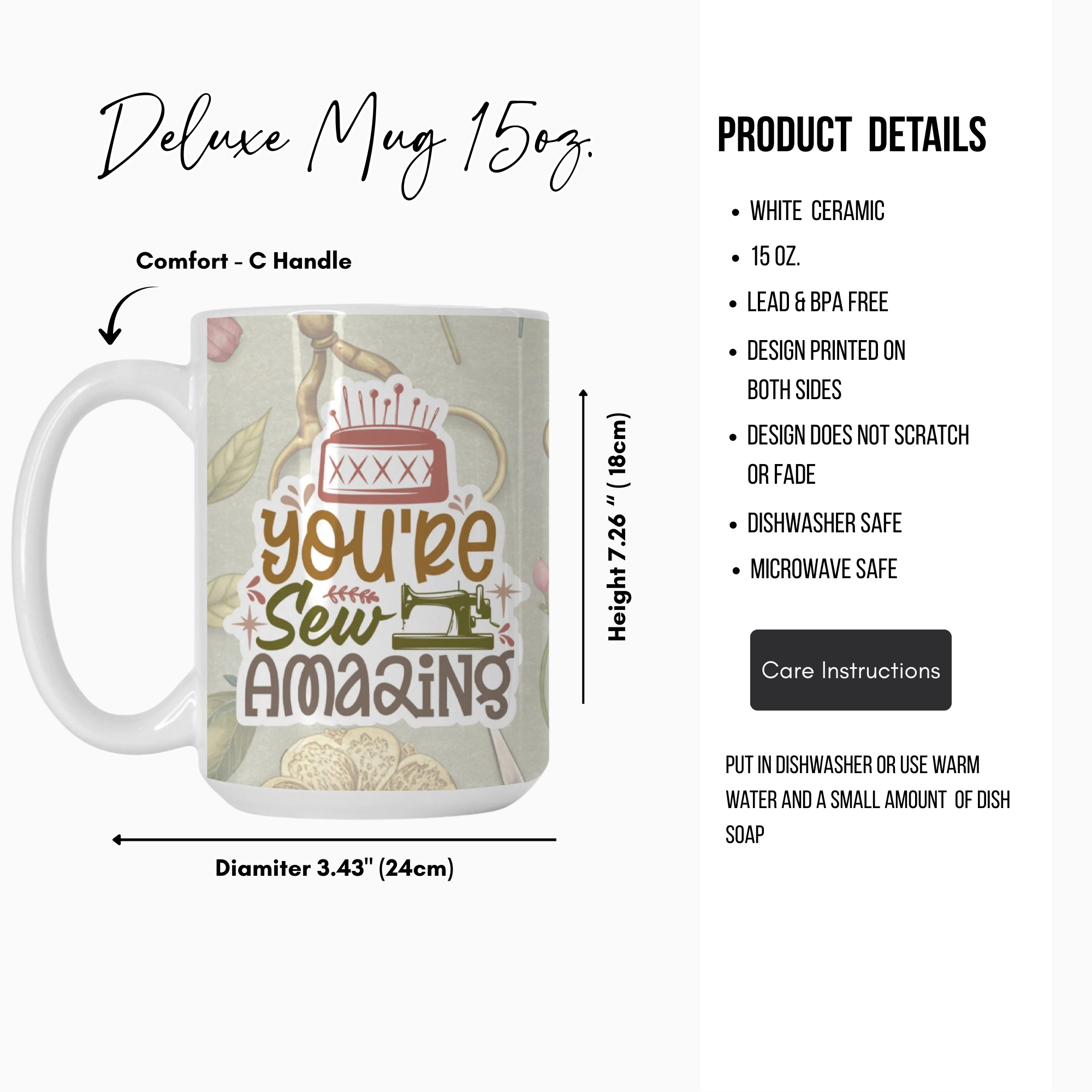 Mug with 'You're Sew Amazing' design and product details on a white background