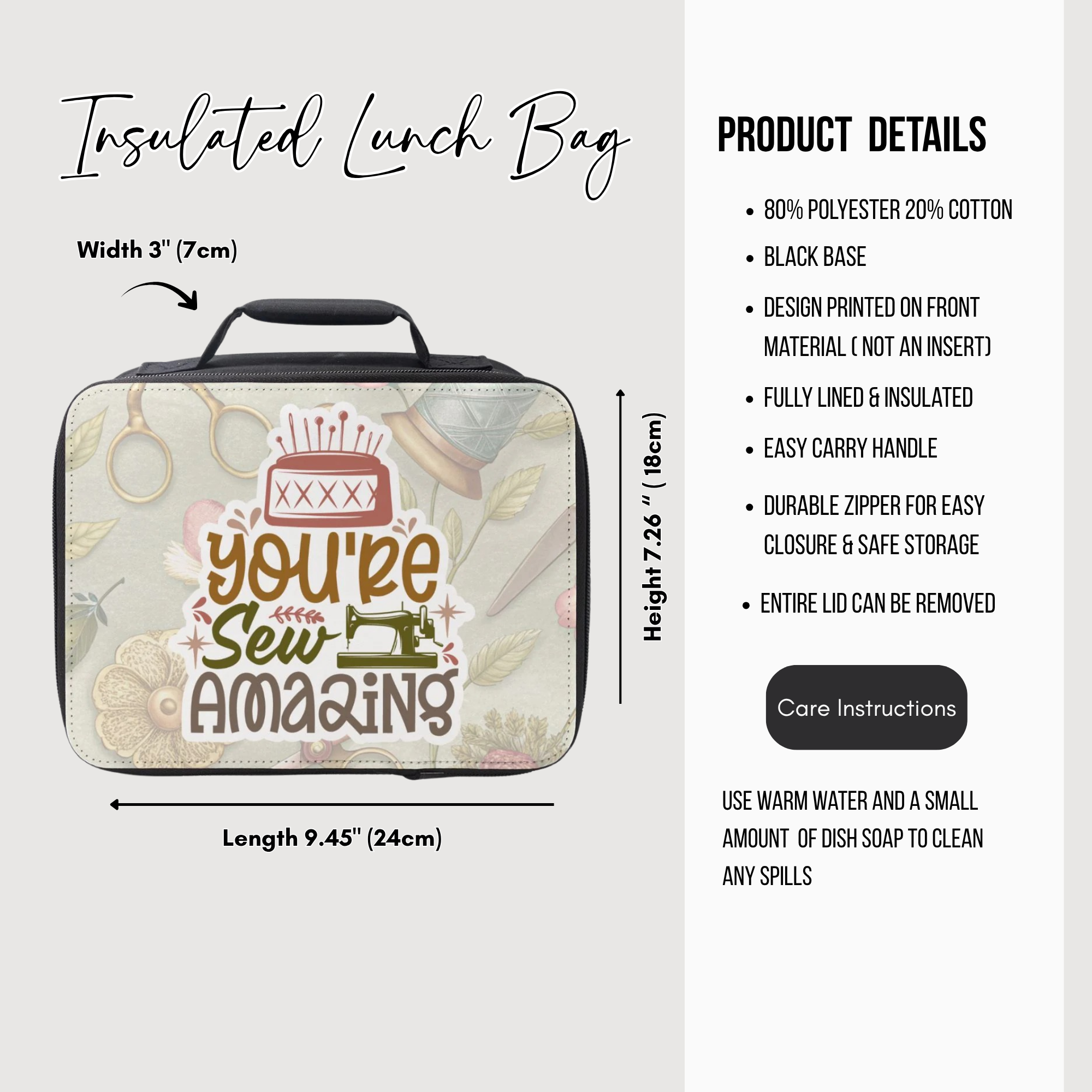 Insulated lunch bag with 'You're Sew Amazing' design and product details on a white background