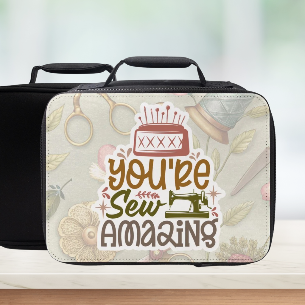 Insulated lunch bag with Sewing pattern  background and text 'You're Sew Amazing' text and sewing-themed design on a light background