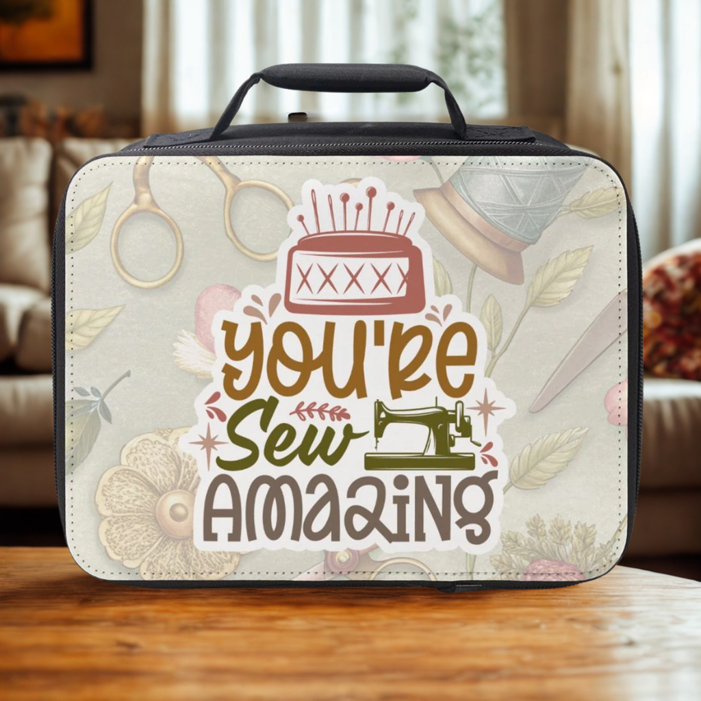 Sewing-themed lunch bag with 'You're Sew Amazing' text on a wooden coffee table.