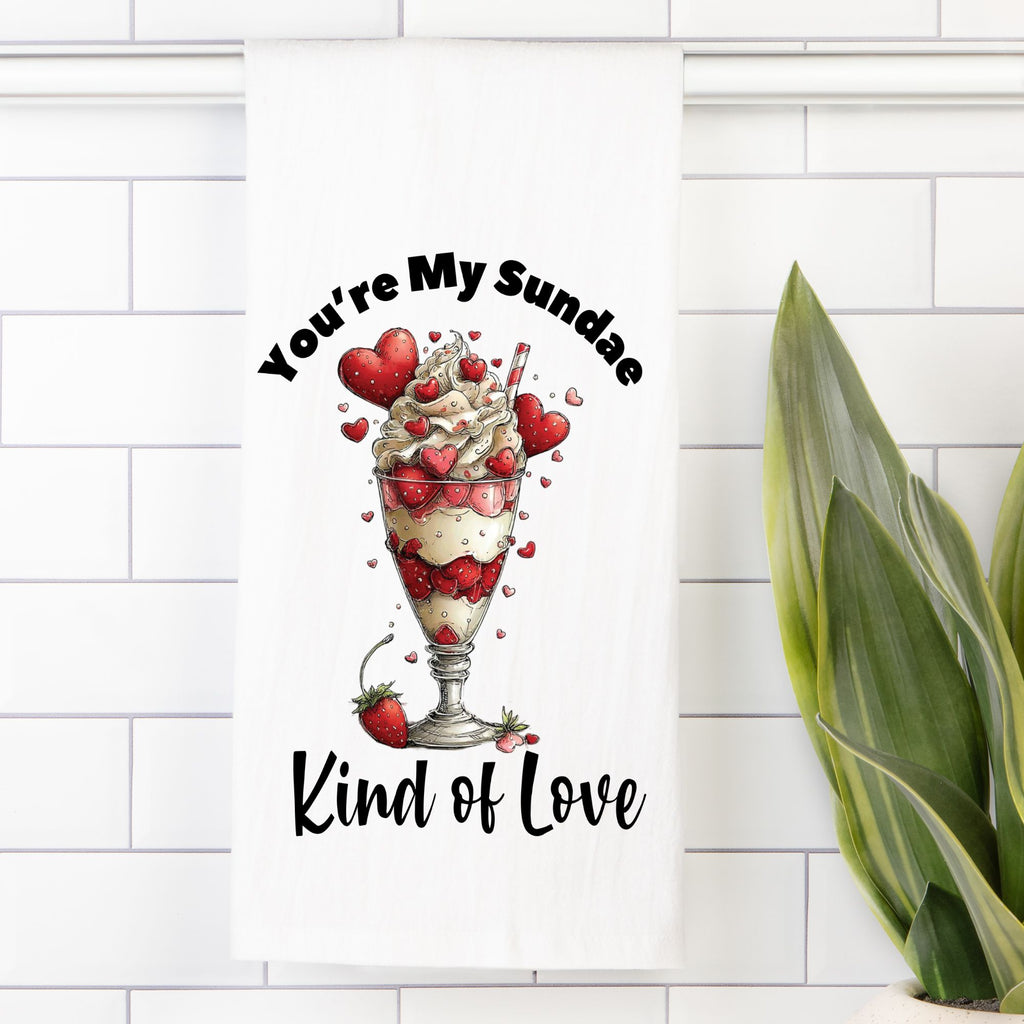 Sundae with hearts and text 'You're My Sundae Kind of Love' on a white tiled wall.