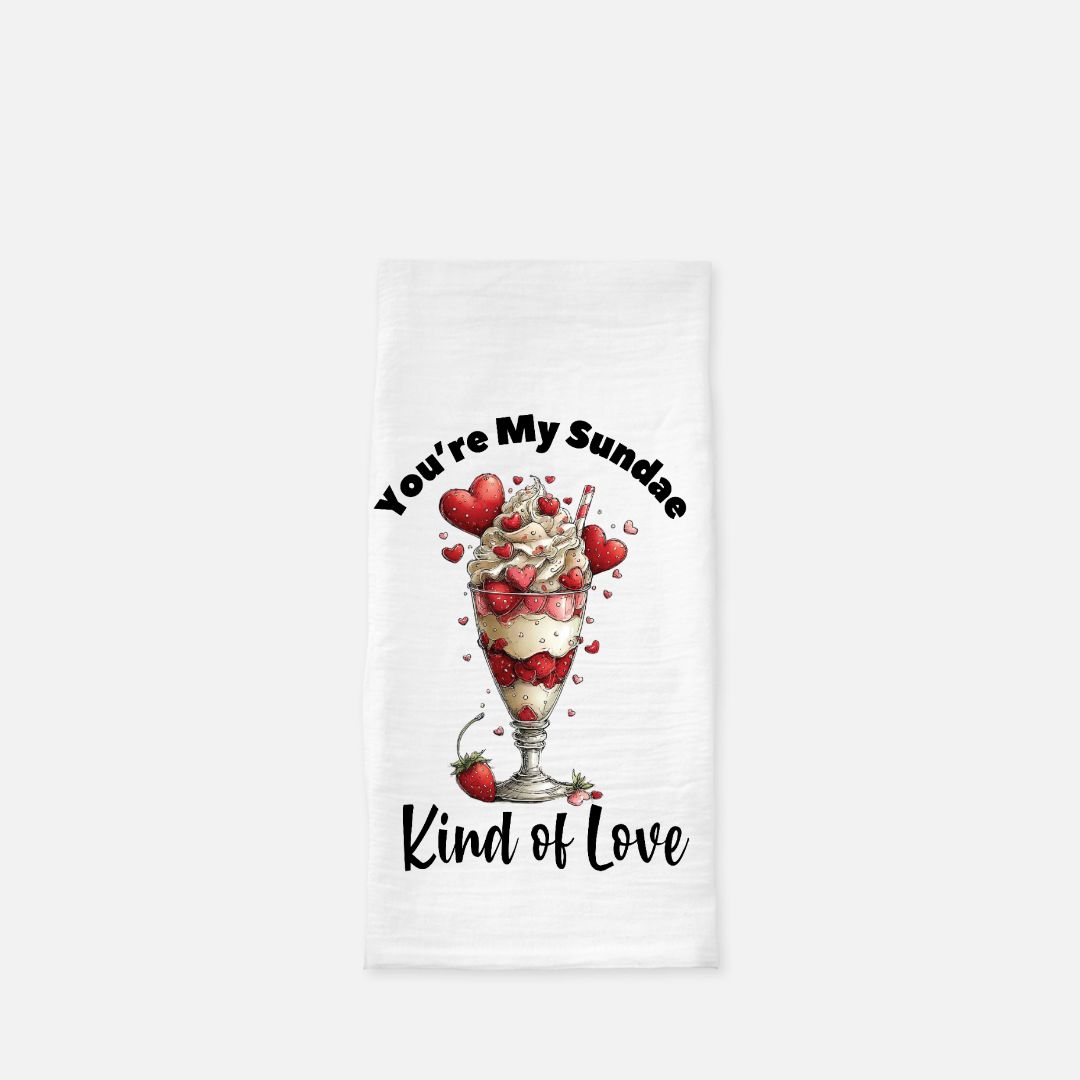 Towel with ice cream sundae design and text on a white background