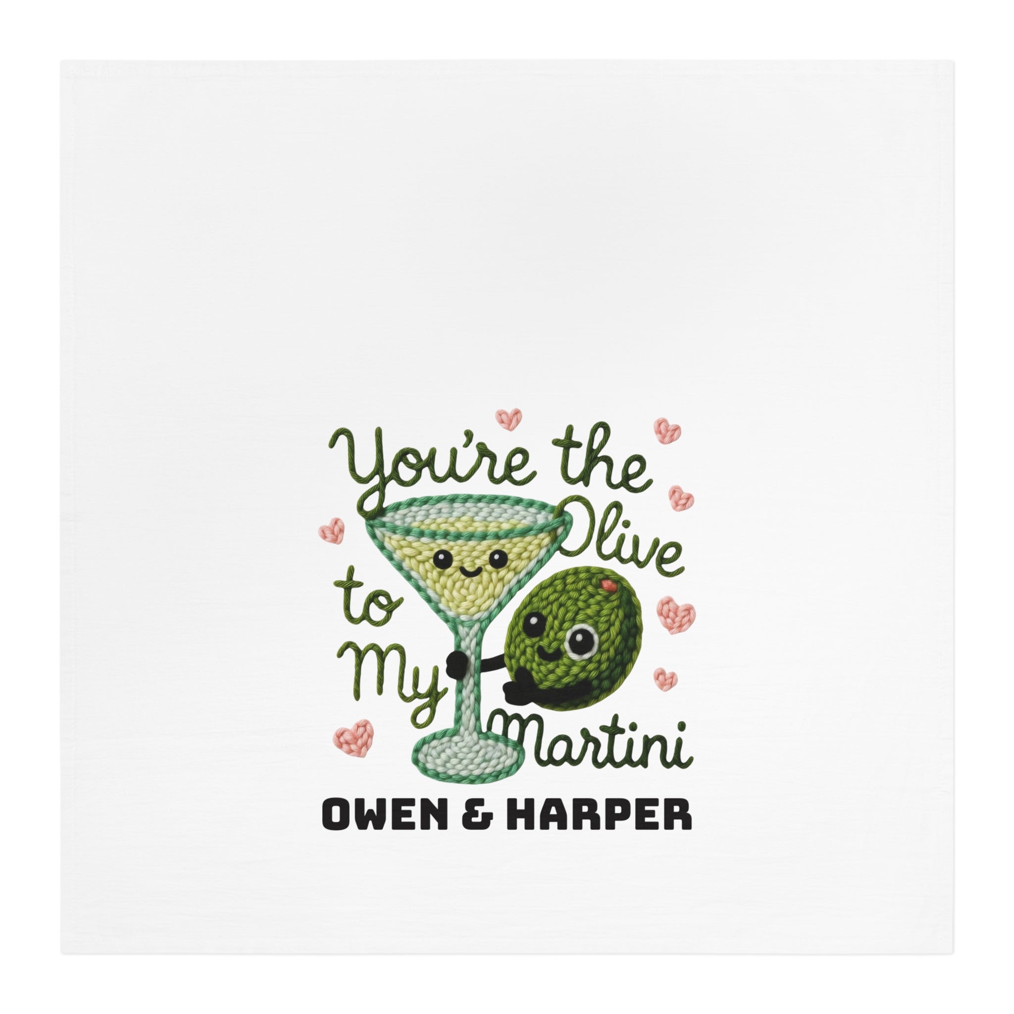 Embroidery design with a martini glass and olive on a white background, featuring the text 'You're the Olive to my Martini' and 'Owen & Harper'.