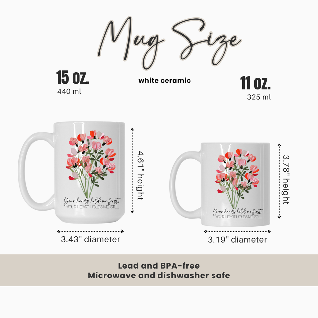 Mug size comparison chart with two mugs and measurements on a white background