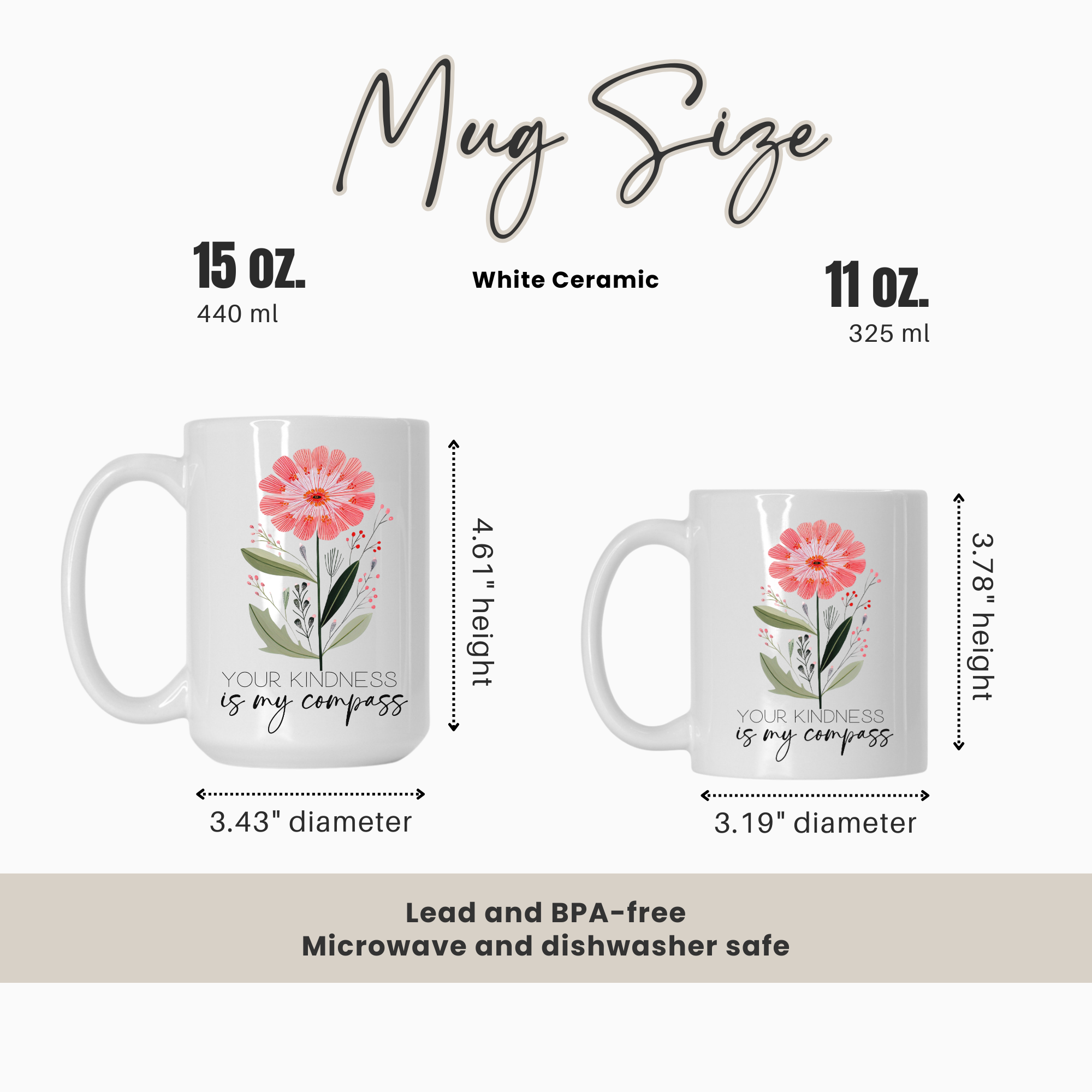 Mug size comparison chart with two mugs and measurements on a white background