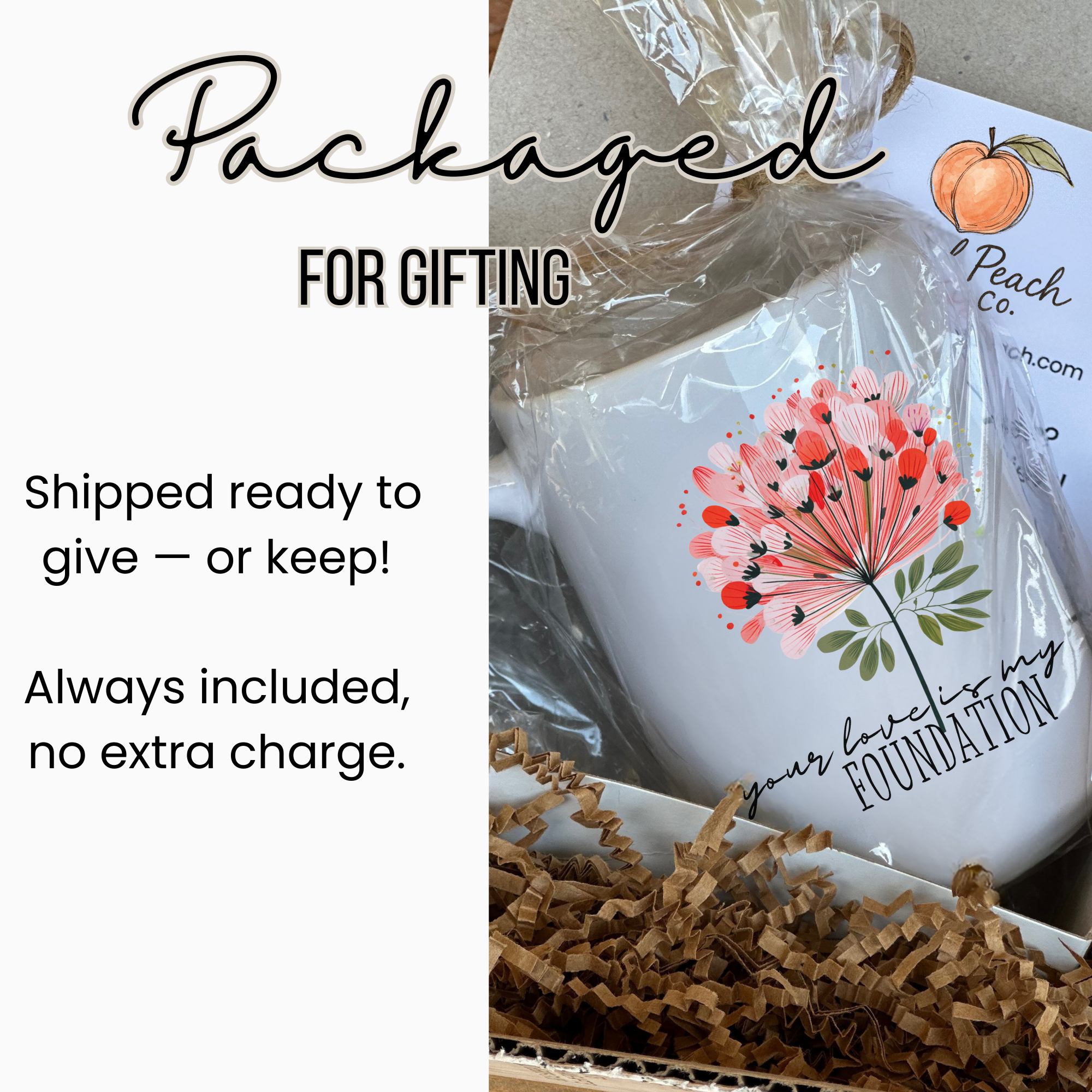 White mug with floral design and text, wrapped in clear plastic tied with twine inside a white gift box with brown shredded paper underneath.