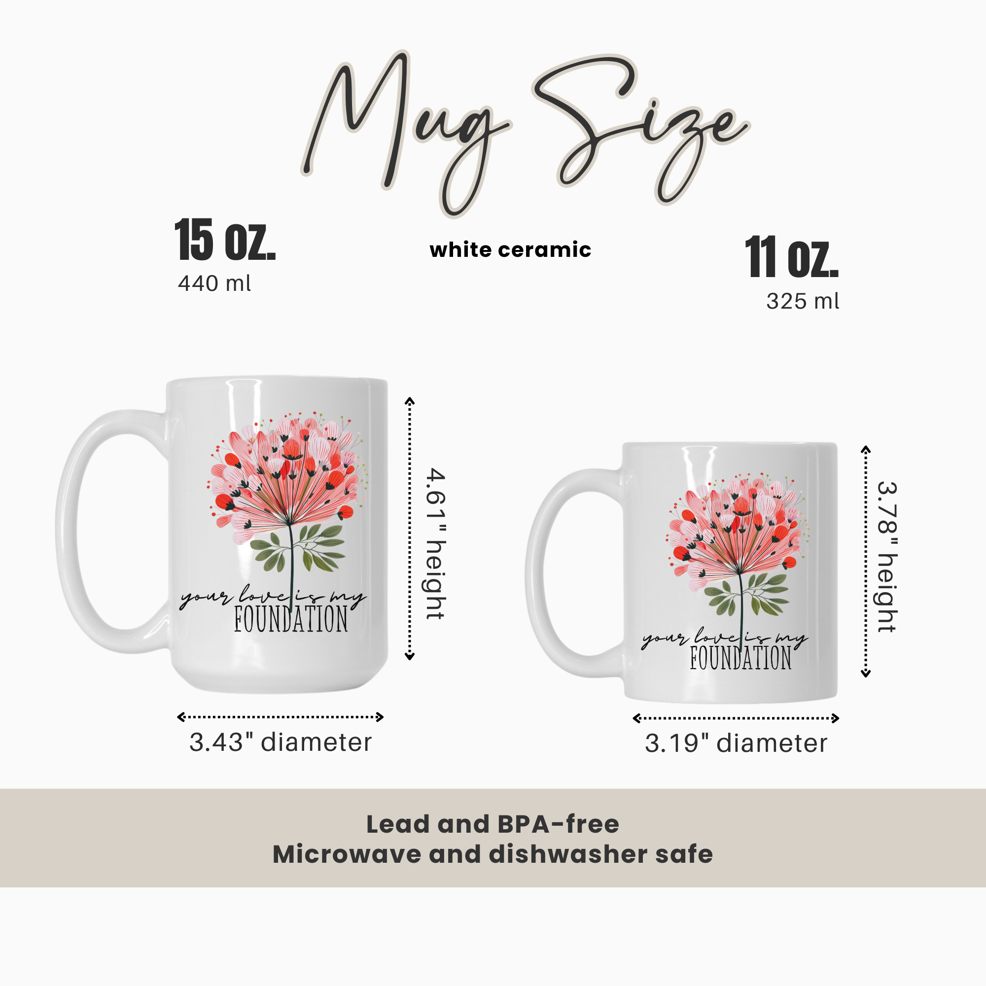 15oz and 11oz white ceramic mug size comparison chart with two mugs and measurements on a white background