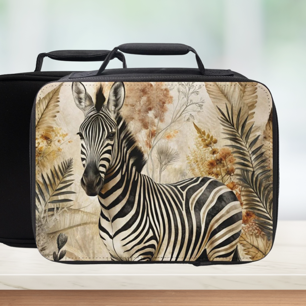 Black lunch bag with a zebra design on a white surface