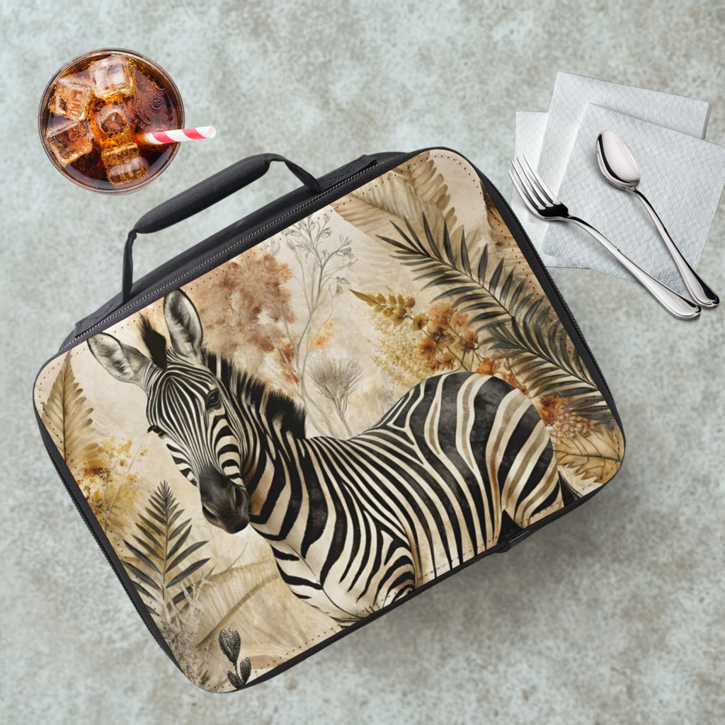 Rectangular lunch bag with zebra design on a concrete surface with a drink and utensils.